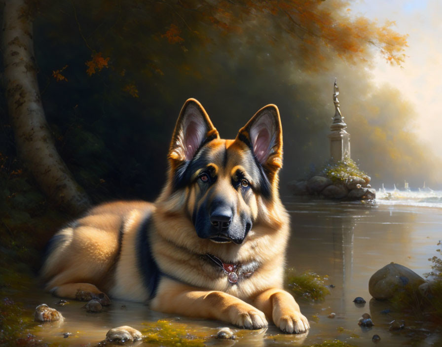 German Shepherd by serene pond with autumnal trees and classic fountain