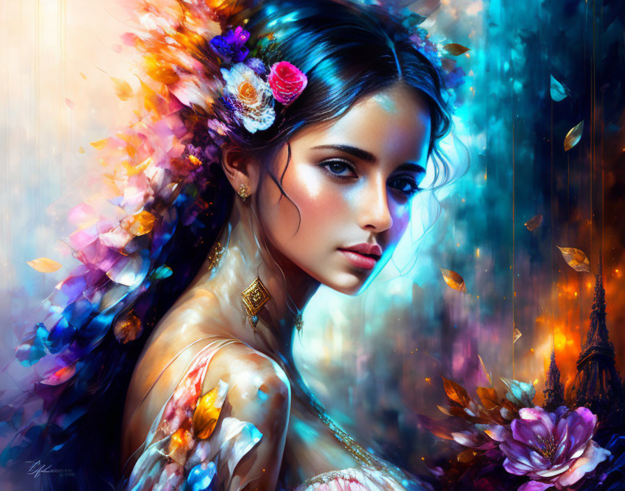 Colorful digital painting of woman with floral hair, surrounded by butterflies