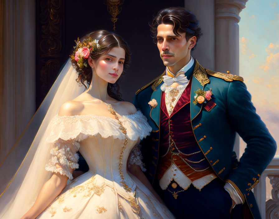 Elegant bride and groom in ivory gown and military uniform portrait.