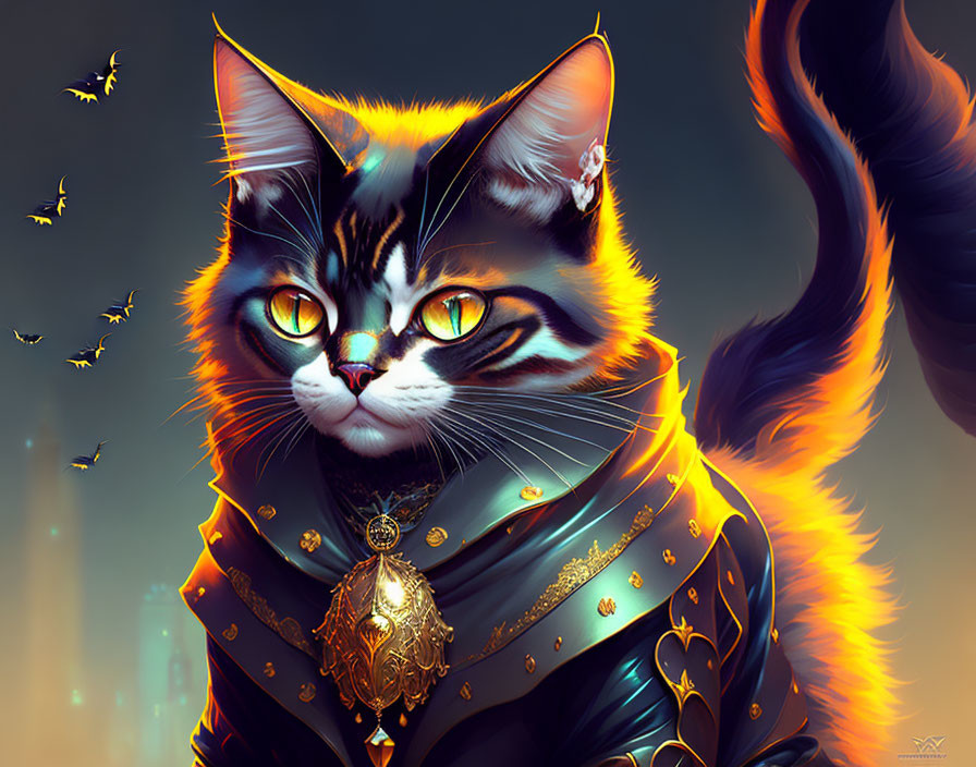 Majestic digital artwork of a cat with orange eyes in royal blue and gold cloak