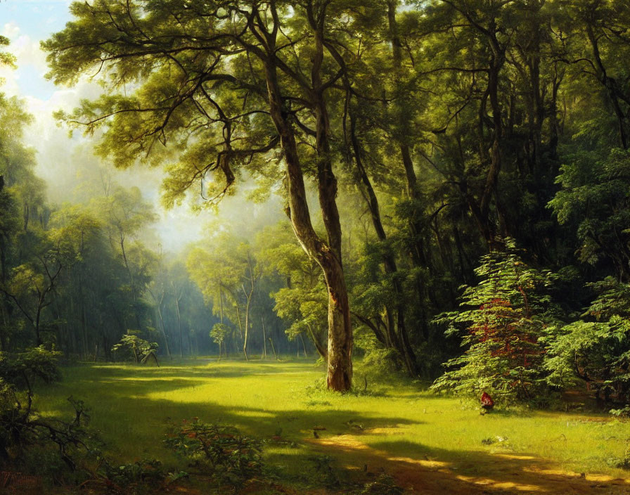 Tranquil forest landscape with sunbeams and red flower