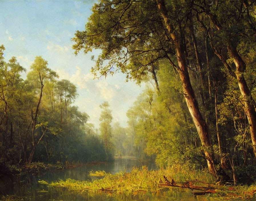 Tranquil forest scene: tall trees, lush greenery, serene water, gentle sunlight.