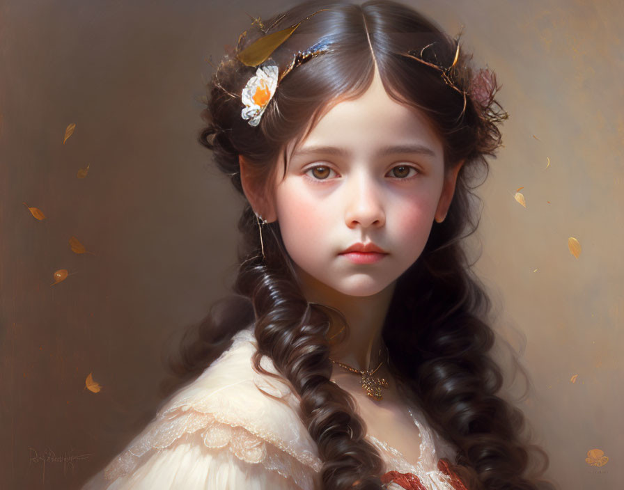 Realistic painting of young girl with wavy hair and flowers, surrounded by autumn leaves.