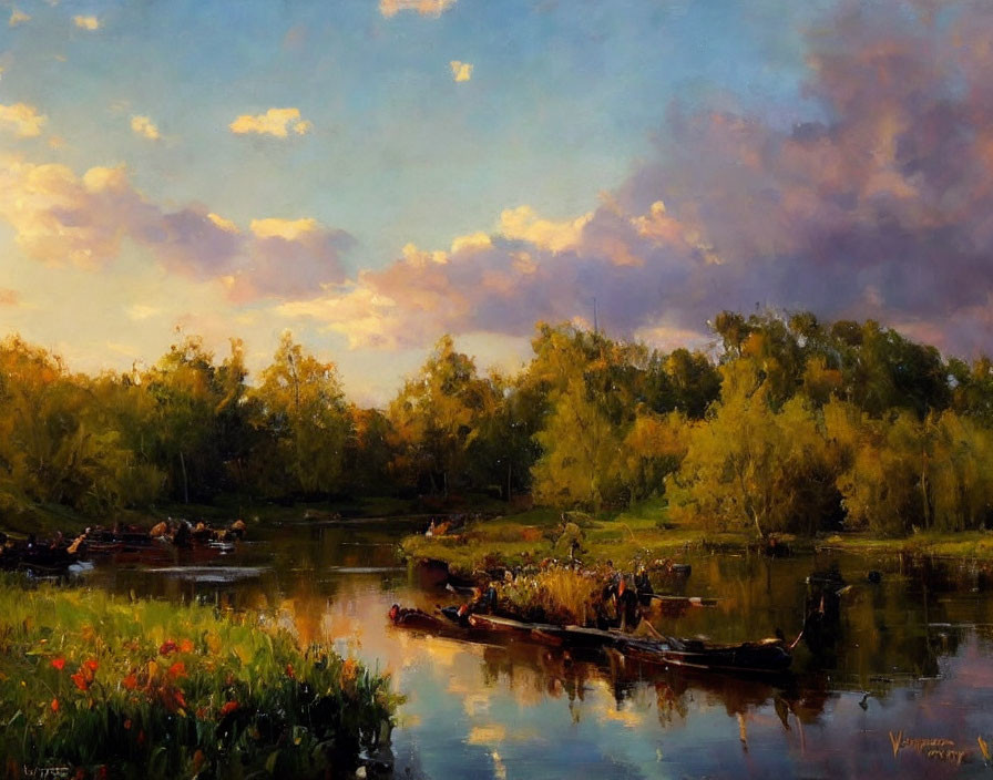 Tranquil landscape painting: river, trees, sky, boat