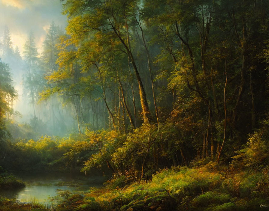 Tranquil forest scene with sunlight, mist, lush greenery, and pond