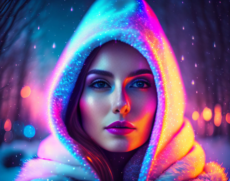 Glowing hooded woman in winter night with colorful bokeh lights