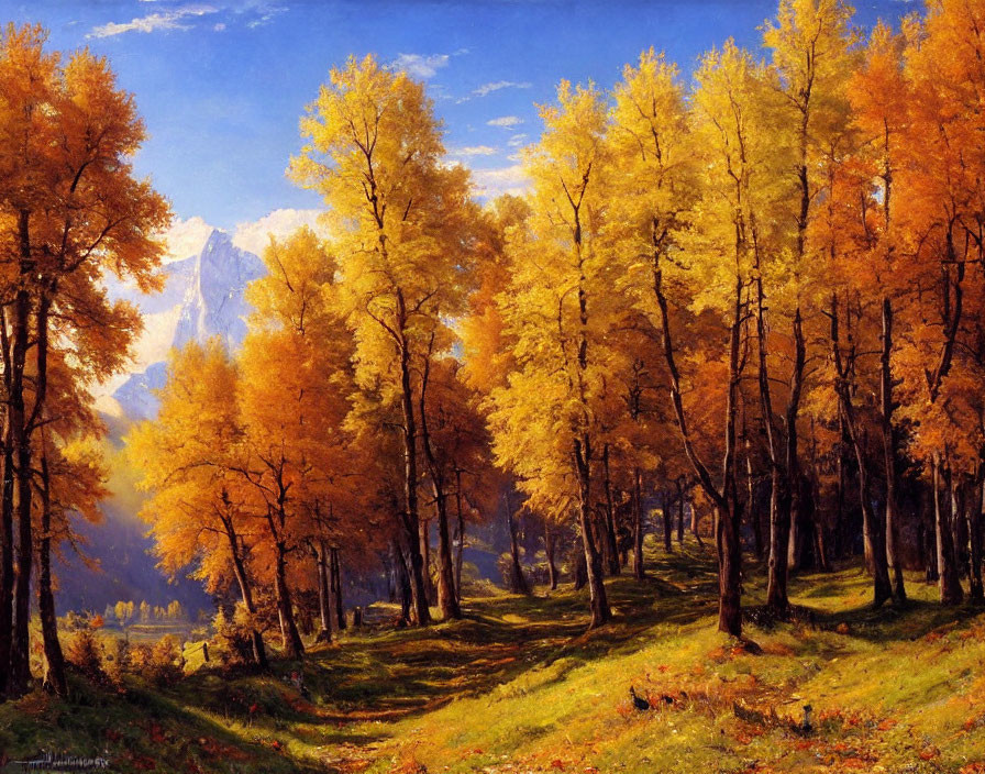 Golden-yellow trees, sunlit meadow, mountain: Vibrant autumn landscape.