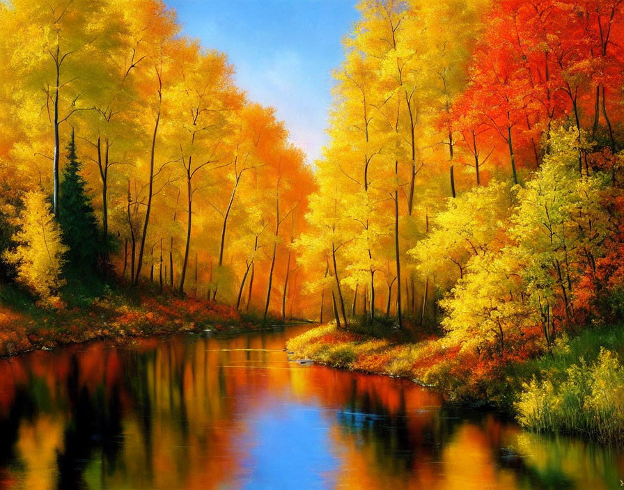 Tranquil autumn landscape with vibrant foliage reflecting in calm river