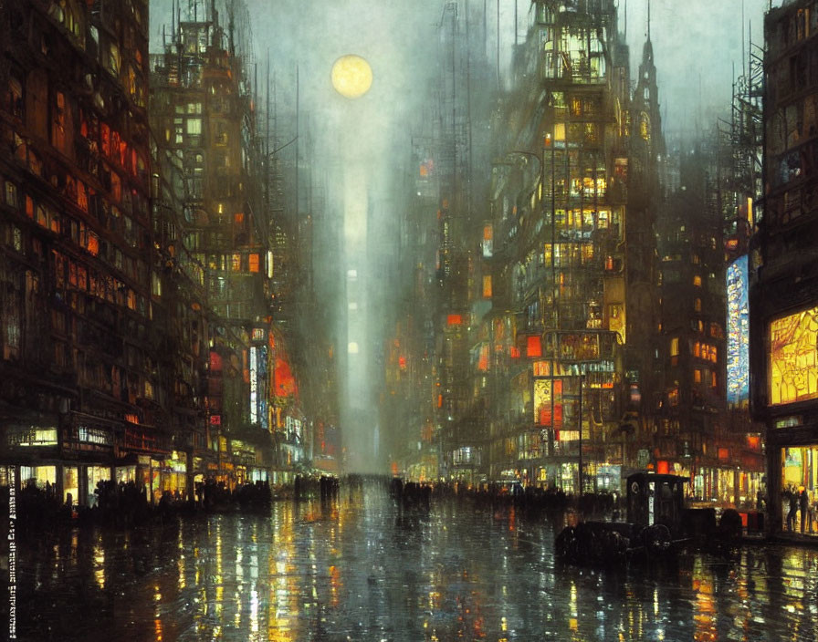 Futuristic rain-soaked cityscape with neon signs and glowing moon