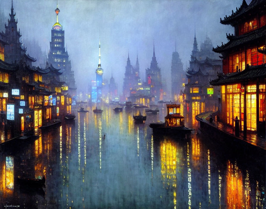 Traditional Asian riverside town at night with colorful lanterns and modern skyline