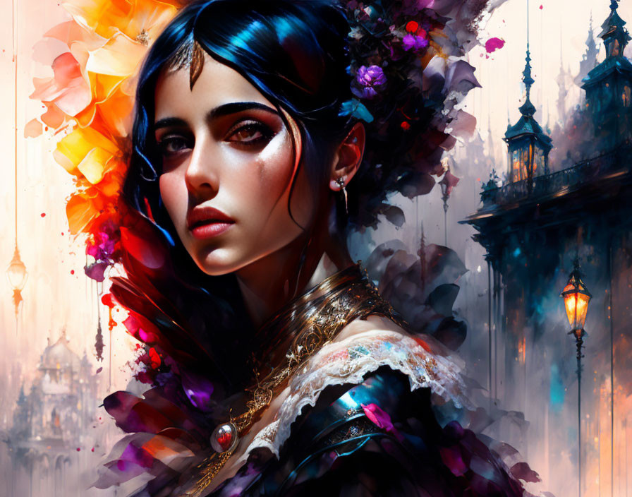 Digital artwork: Woman with dark hair and blue eyes, vibrant flowers, mystical cityscape.