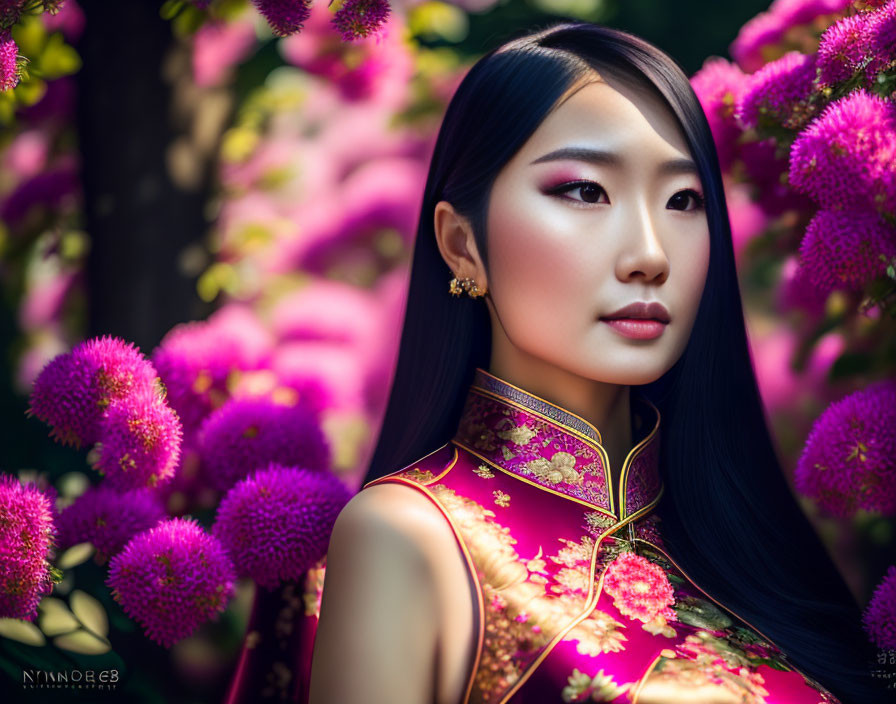 Woman in Traditional Red Dress Poses Among Vibrant Pink Flowers