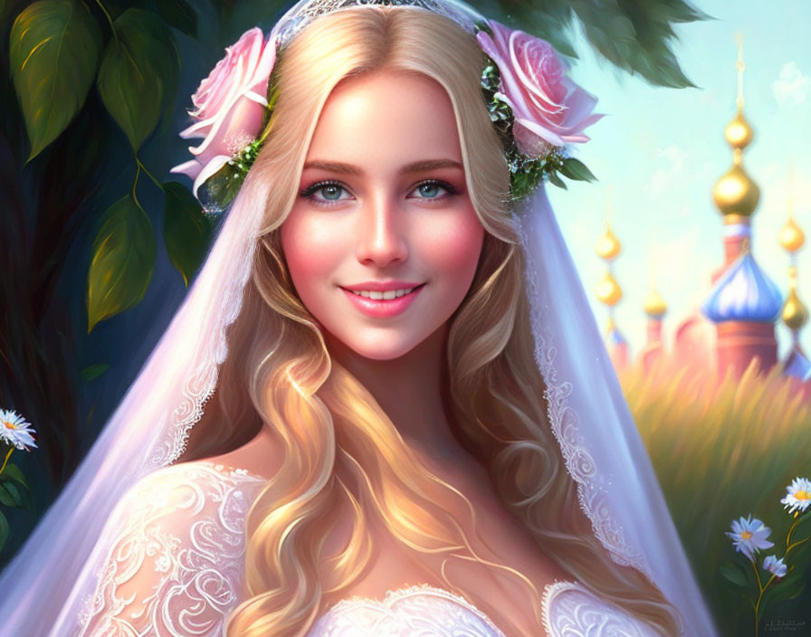 Blonde bride in floral crown smiling outdoors