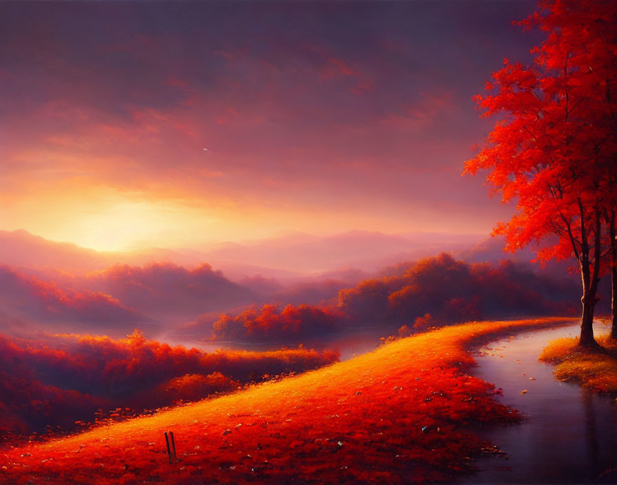 Autumn landscape with orange trees, river, mountains, and sunset glow