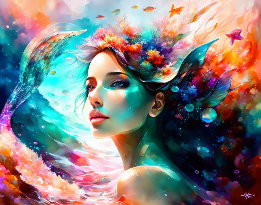 Colorful Mermaid Illustration with Floral Elements and Aquatic Life