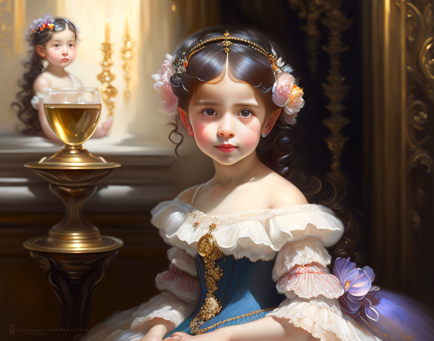 Young girl in vintage dress with flowers next to golden goblet and painting.