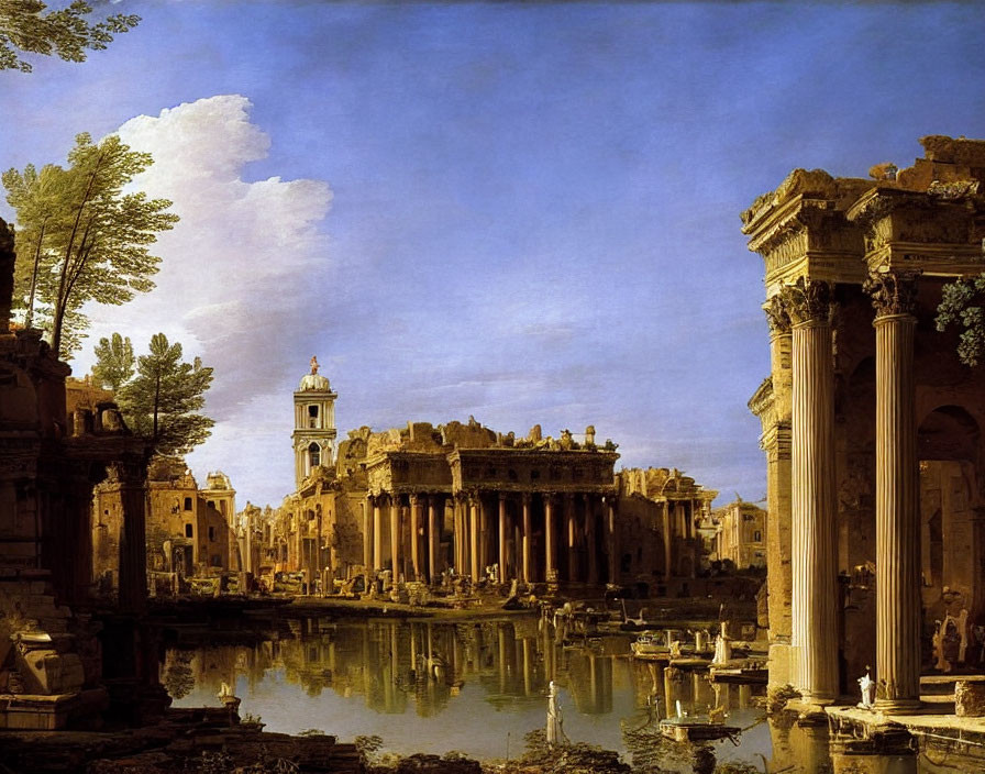 Ancient ruin with columns reflected in water under serene sky