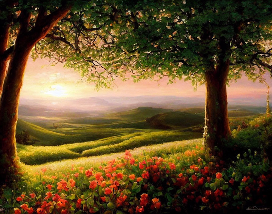 Vibrant sunset over green landscape with trees and colorful flowers