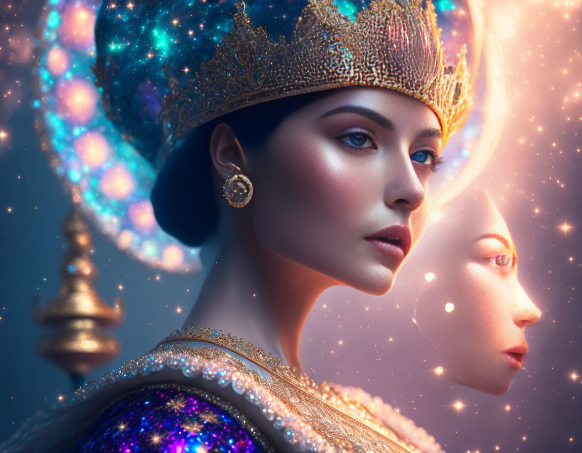 Cosmic-themed digital artwork featuring regal women in crown against starry backdrop