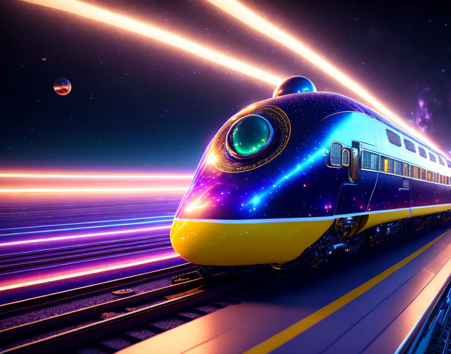 Futuristic train with galactic paint job speeds on colorful track under starry sky