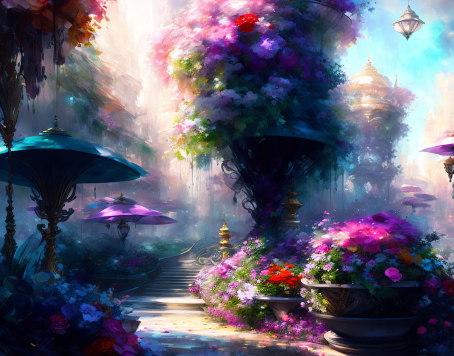 Colorful flowers, ornate lamp posts, whimsical architecture in ethereal light