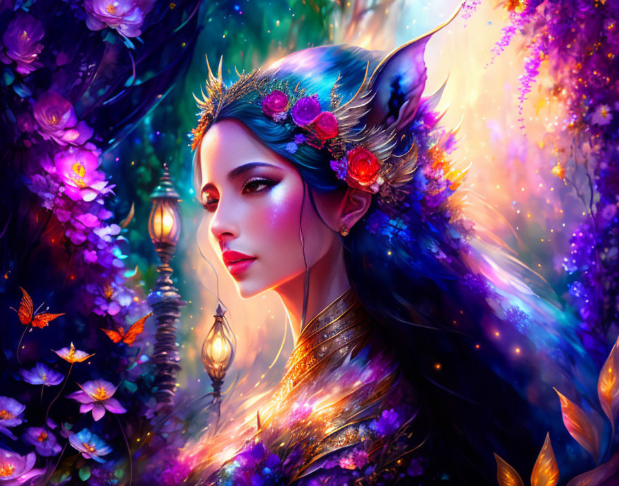 Fantasy portrait of an elf woman with pointed ears and floral crown surrounded by vibrant flora and butterflies