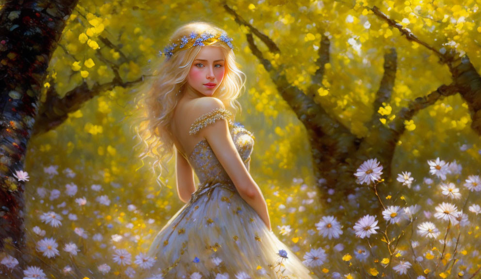 Young woman in elegant gown with floral crown in golden forest