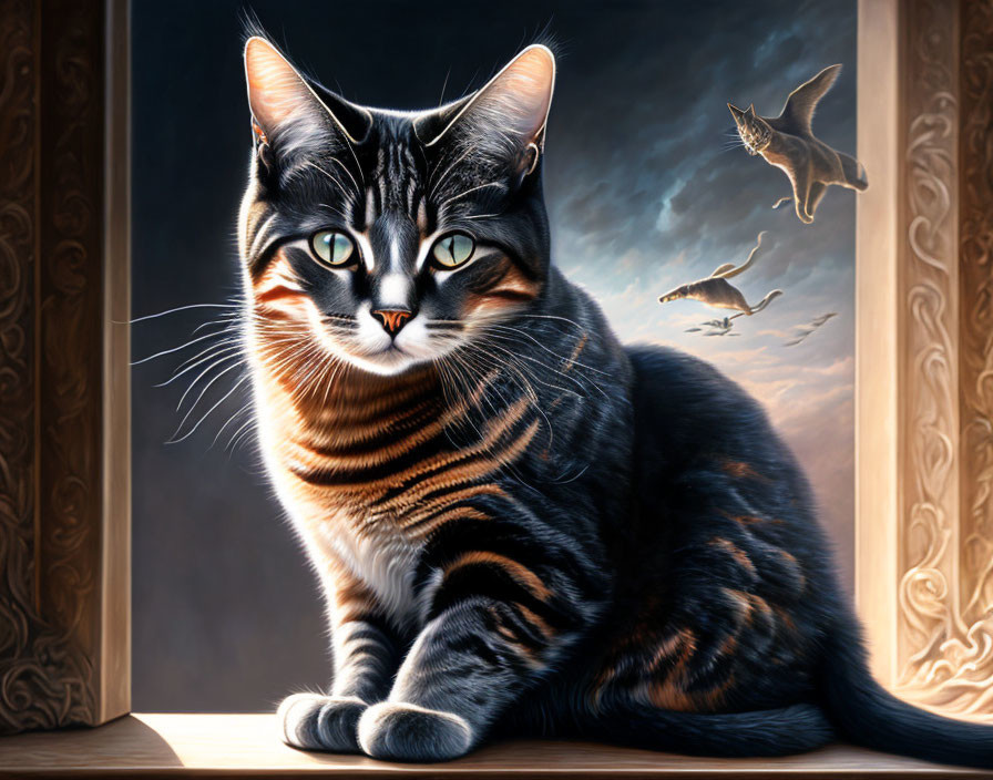 Realistic Tabby Cat Illustration by Window at Twilight