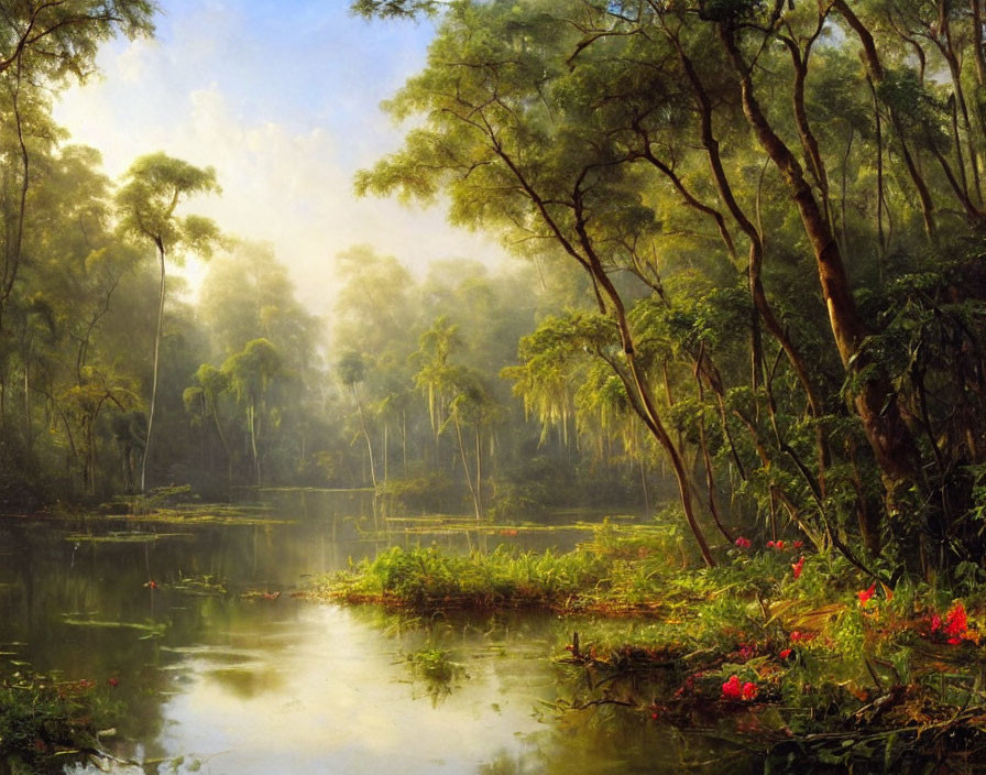 Tranquil forest pond with lush greenery and blooming flowers.