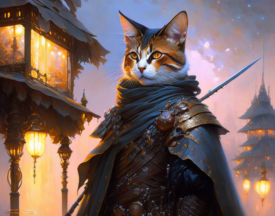 Regal cat in ornate armor with sword and cape in fantasy setting