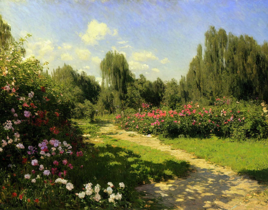 Lush Garden Path Painting with Blooming Flowers and Trees