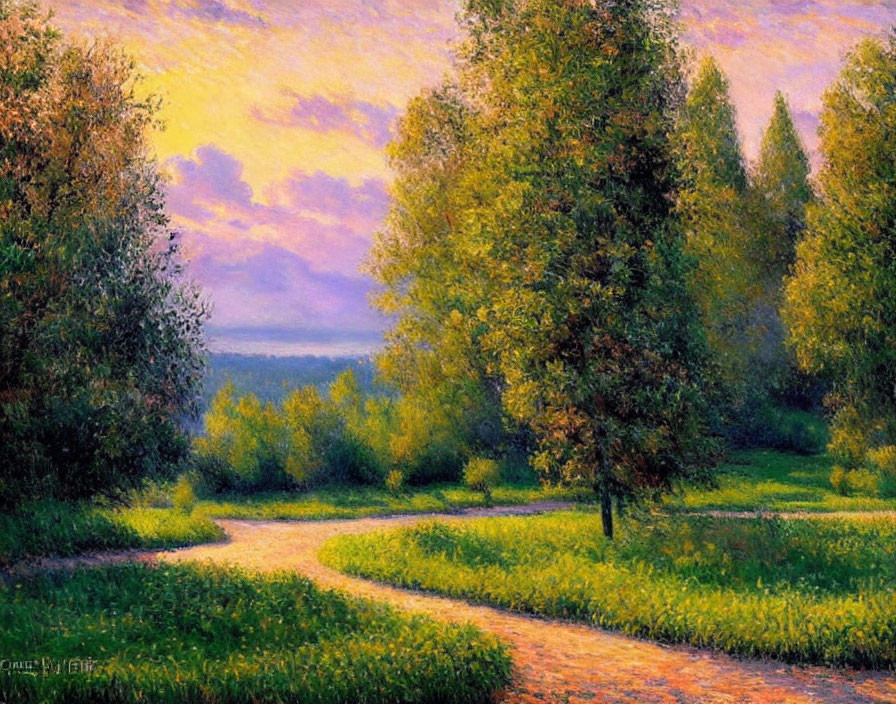 Serene Impressionist-style painting of a winding path through lush landscape