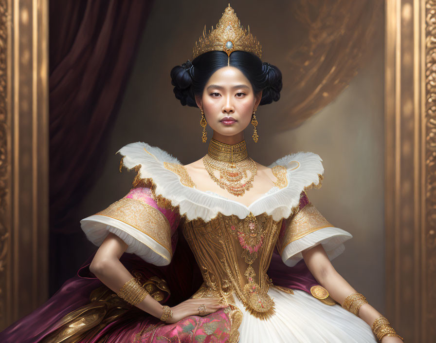 Regal woman in lavish golden costume with puffy sleeves