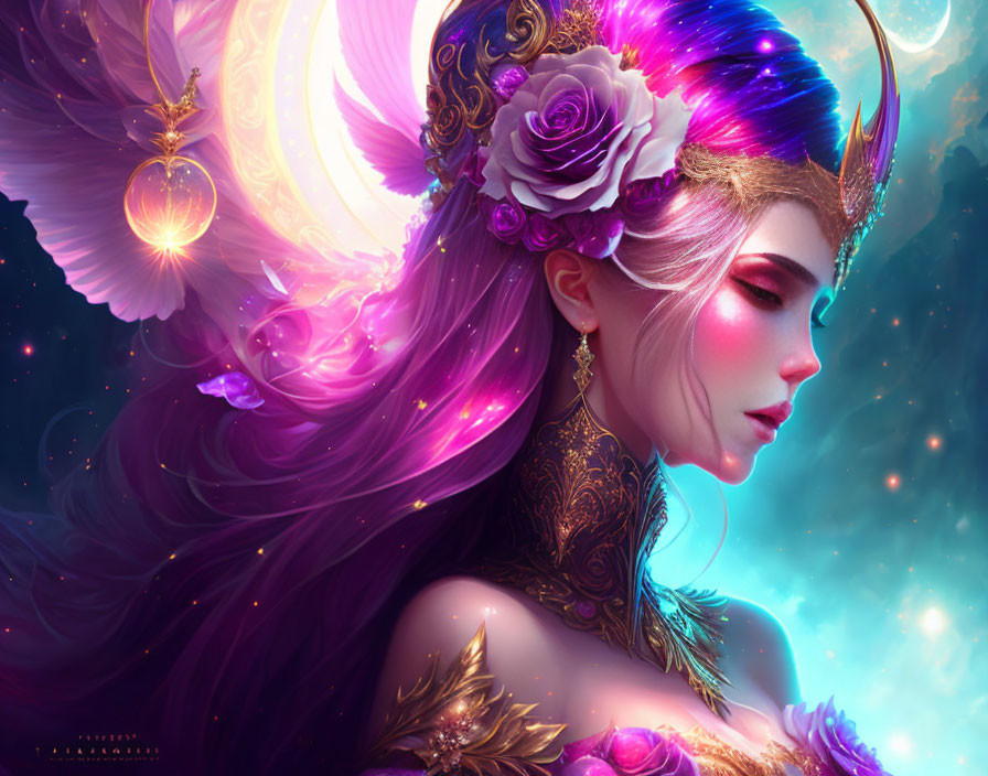 Ethereal fantasy figure with purple wings and golden armor on blue background