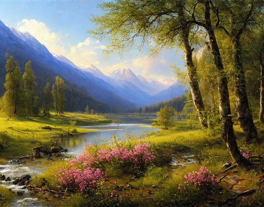 Tranquil river landscape with mountains and wildflowers