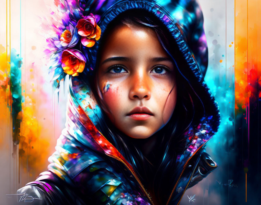 Colorful Hoodie Young Girl Portrait with Flower Hair in Digital Art