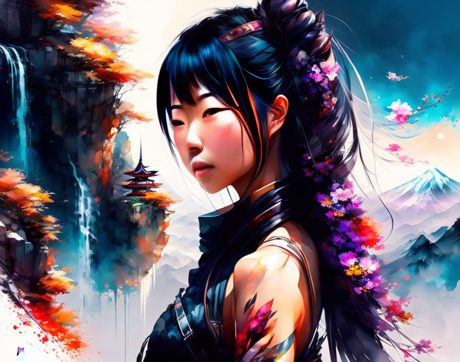 Illustrated female character with black hair in front of waterfall and mountains