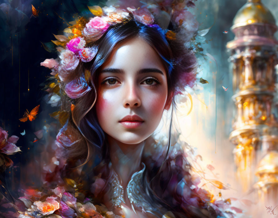 Young woman portrait with floral adornments and butterflies in vibrant colors