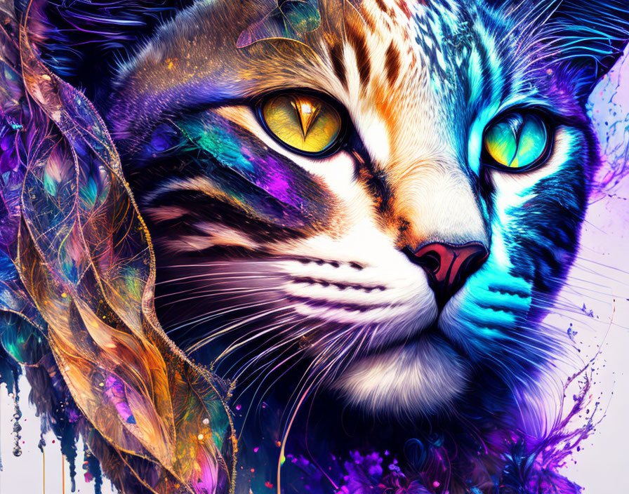 Colorful digital artwork: Cat with blue eyes and multicolored fur