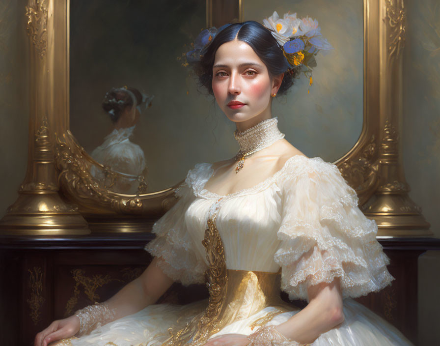 Elegant woman in white dress with golden embroidery and choker.