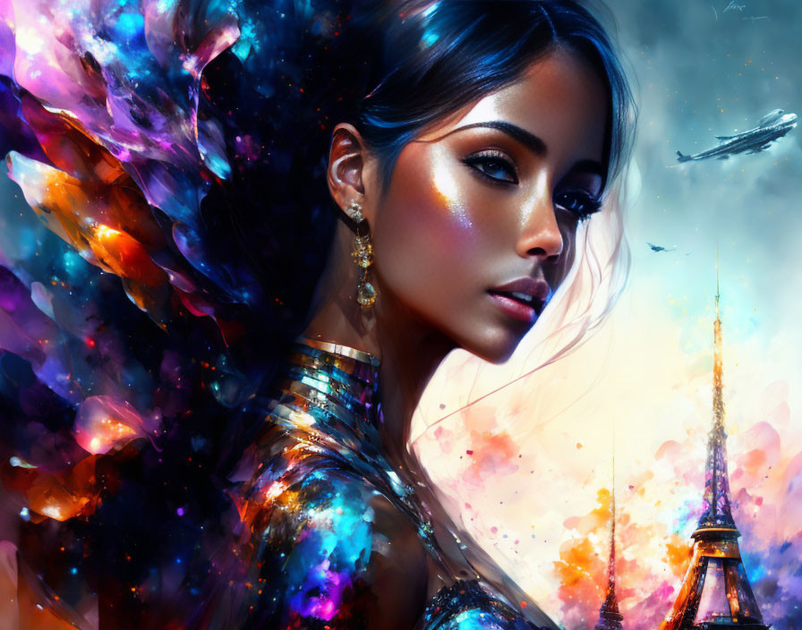 Digital artwork: Woman with cosmic body paint, Eiffel Tower backdrop, futuristic ships.