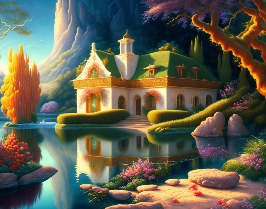 Tranquil fairytale landscape with cottage, lake, lush greenery, and vibrant flowers