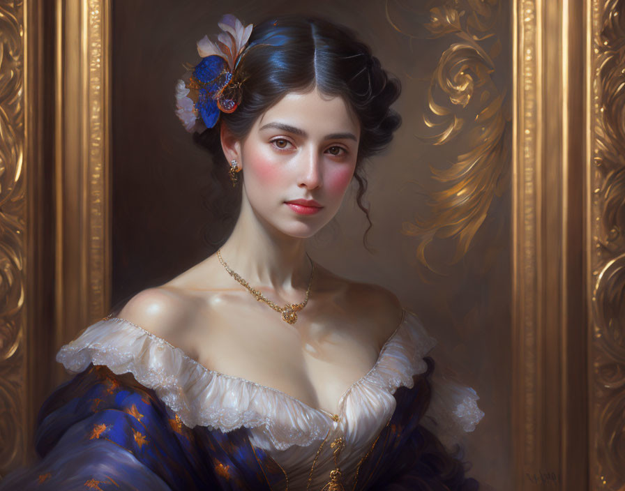 Classic Portrait of Young Woman with Dark Hair in Blue Dress