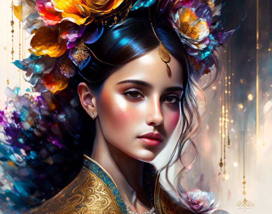 Colorful Flower-Adorned Woman in Gold Jewelry and Embroidered Garment