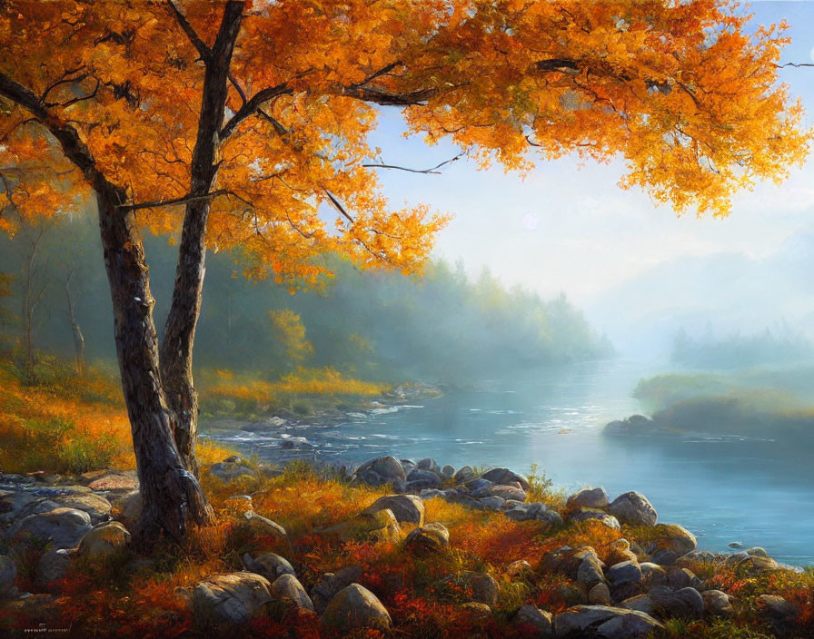 Vibrant orange tree in misty autumn river scene