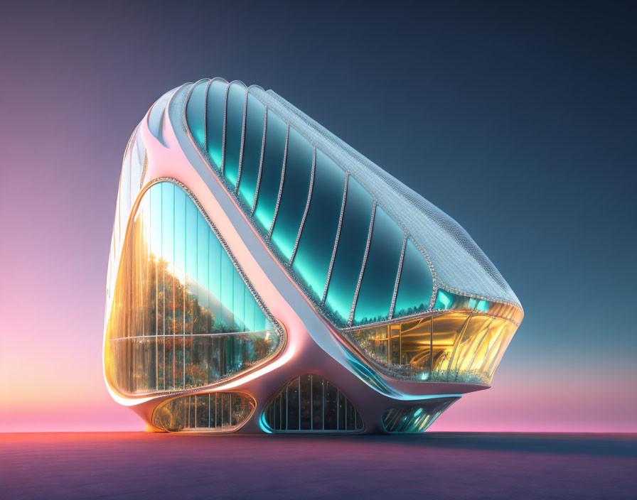 Modern building design with illuminated contours and lush greenery at twilight