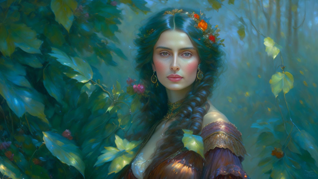 Digital painting of woman with long braided hair in lush greenery, adorned with red flowers.