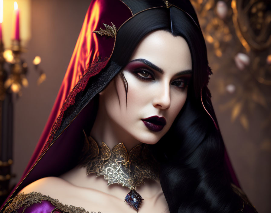 Gothic fantasy woman in dark crown and red cloak on mysterious backdrop