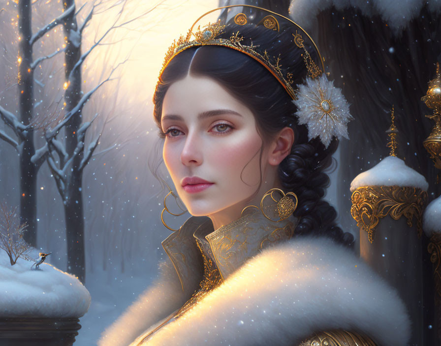 Regal woman with braided hairstyle and golden crown in snowy landscape