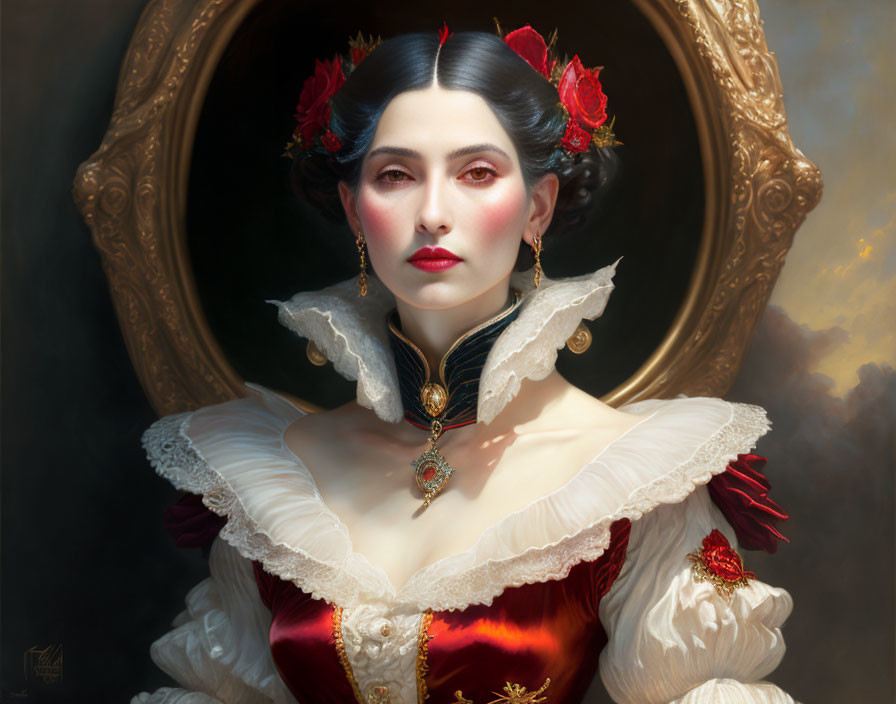 Portrait of woman in vintage red gown with ornate golden mirror